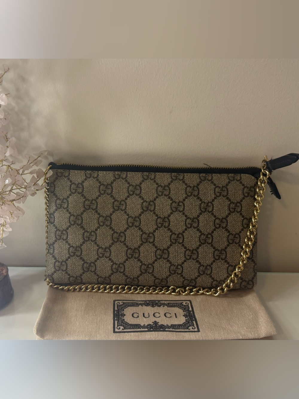 Gucci Brown Monogram GG Chain Wristlet